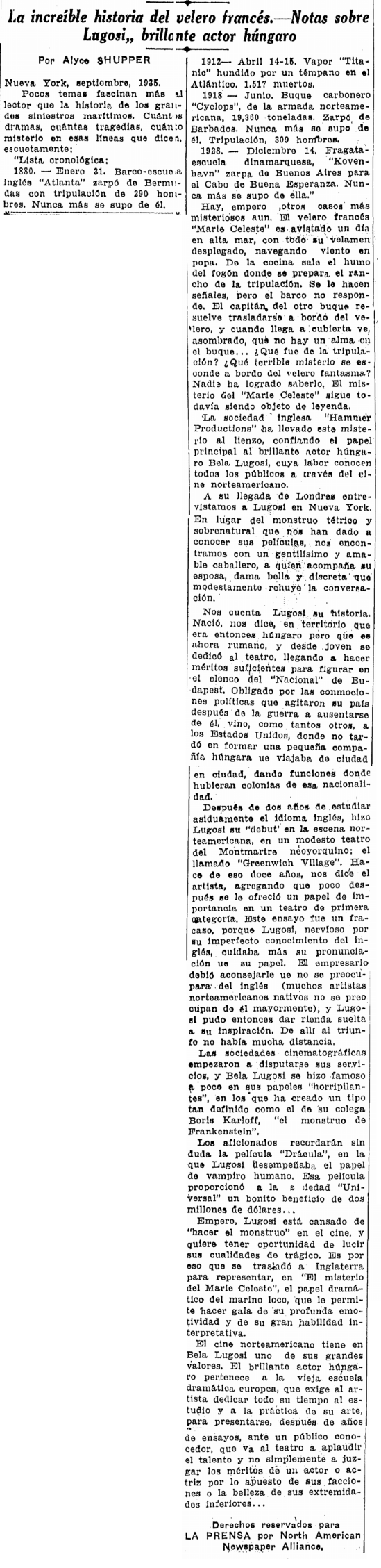 Mystery of the Mary Celeste, Prensa - San Antonio, September 8, 1935