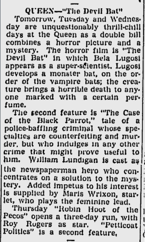 The Devil Bat, The Sunday Morning Star, February 2, 1941